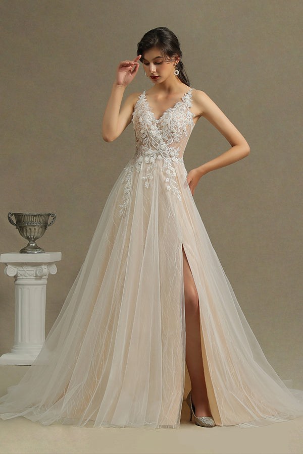 V-Neck Sleeveless Lace Wedding Dress With Split