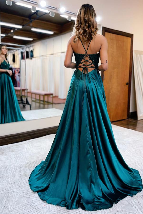 V-Neck Sleeveless Long Prom Dress With Appliques Split