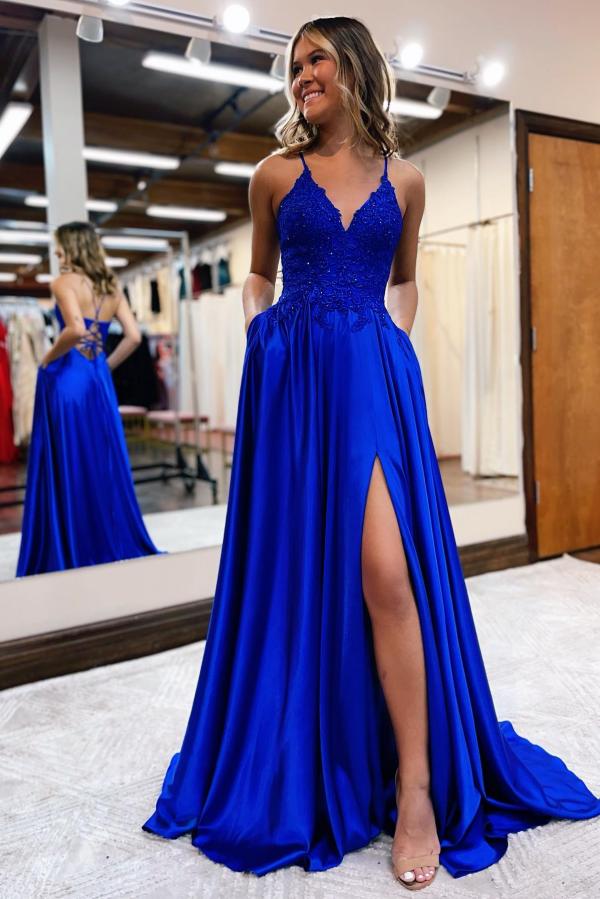 V-Neck Sleeveless Long Prom Dress With Appliques Split