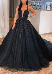 V-Neck Sleeveless Tulle Court Train Prom Dress/Evening Dress With Appliqued Beading Ball Gown