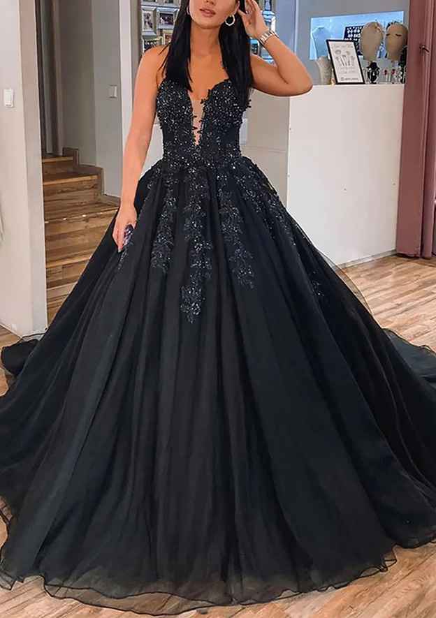 V-Neck Sleeveless Tulle Court Train Prom Dress/Evening Dress With Appliqued Beading Ball Gown