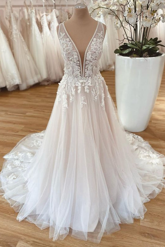 V-Neck Sleeveless Tulle Wedding Dress Long With Appliques