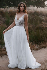 V-Neck Sleeveless Wedding Dress Boho Long Tulle With Sequins