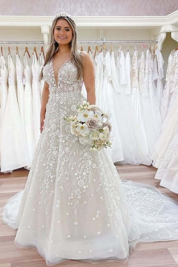 V-Neck Sleeveless Wedding Dress Long With Appliques Online