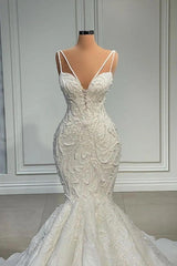 V-Neck Sleeveless Wedding Dress Mermaid Lace With Beads