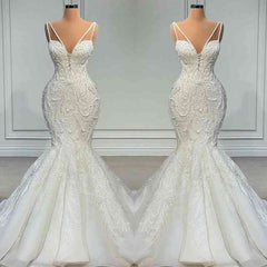 V-Neck Sleeveless Wedding Dress Mermaid Lace With Beads