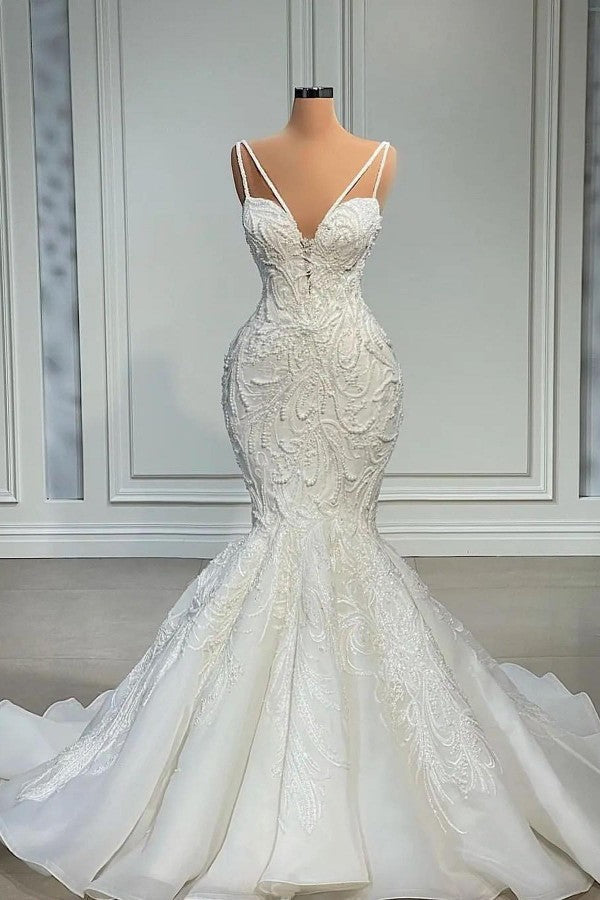 V-Neck Sleeveless Wedding Dress Mermaid Lace With Beads