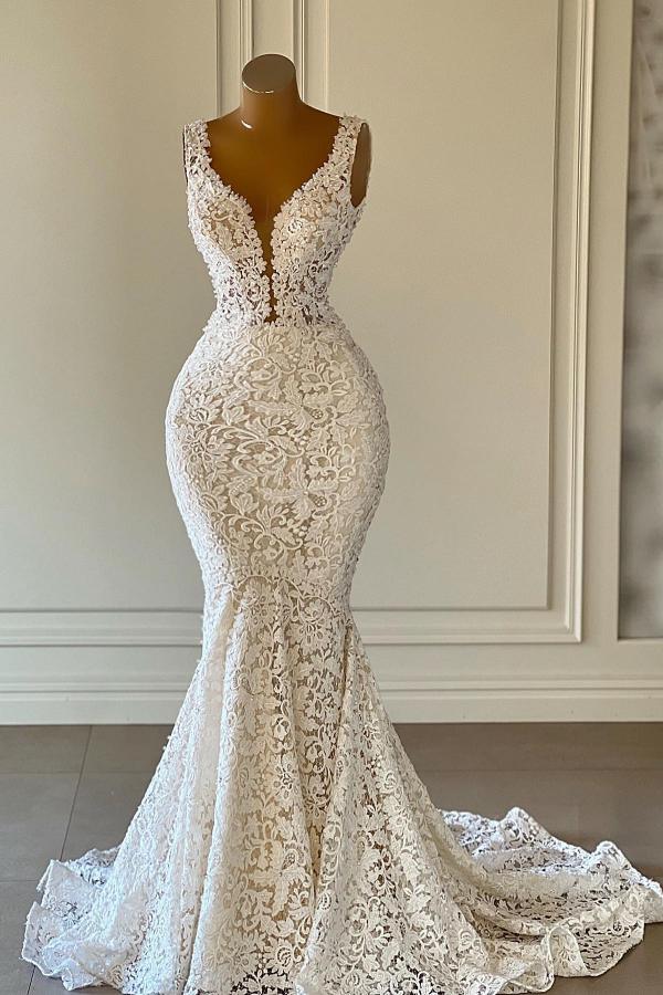 V-Neck Sleeveless Wedding Dress Mermaid Lace Online