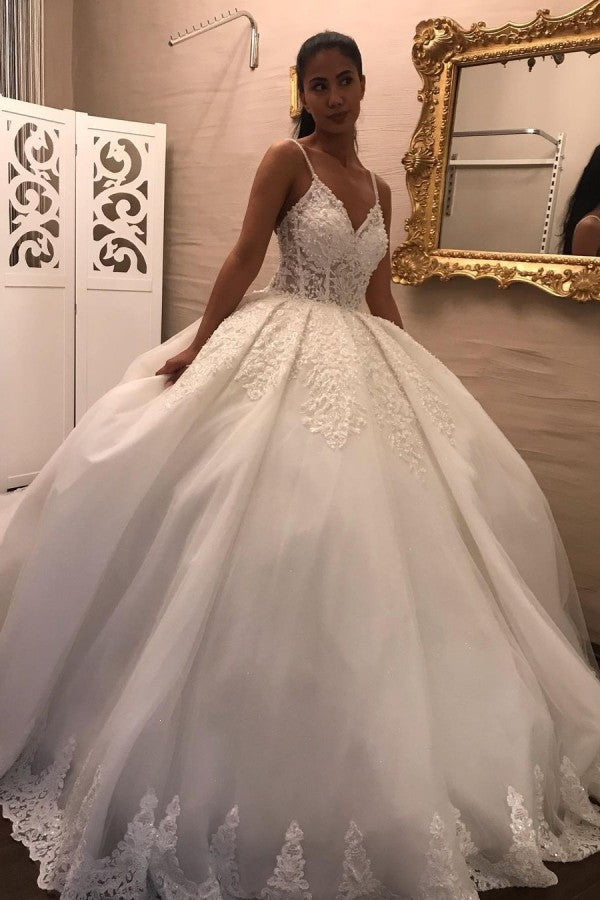 V-Neck Spaghetti-Straps Lace Wedding Dress Ball Gown Sleeveless