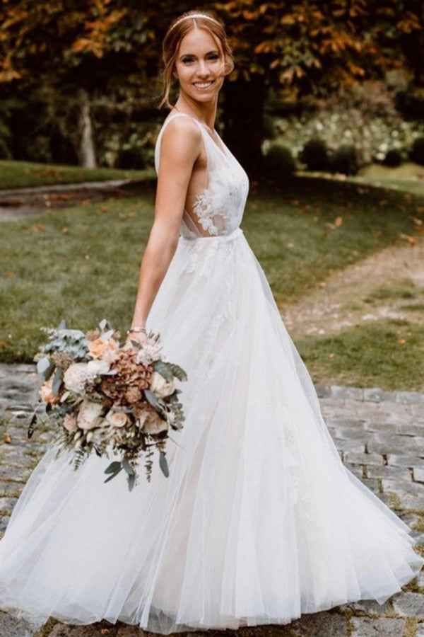 V-Neck Tulle Wedding Dress Appliques Sleeveless Online