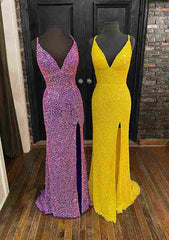 Velvet Sequins Long Prom Dress/Evening Dress With Split - Sheath/Column V-Neck Sleeveless