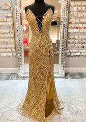 Velvet Sequins Prom Dress/Evening Dress with Split Sheath/Column V-Neck Sleeveless Sweep Train