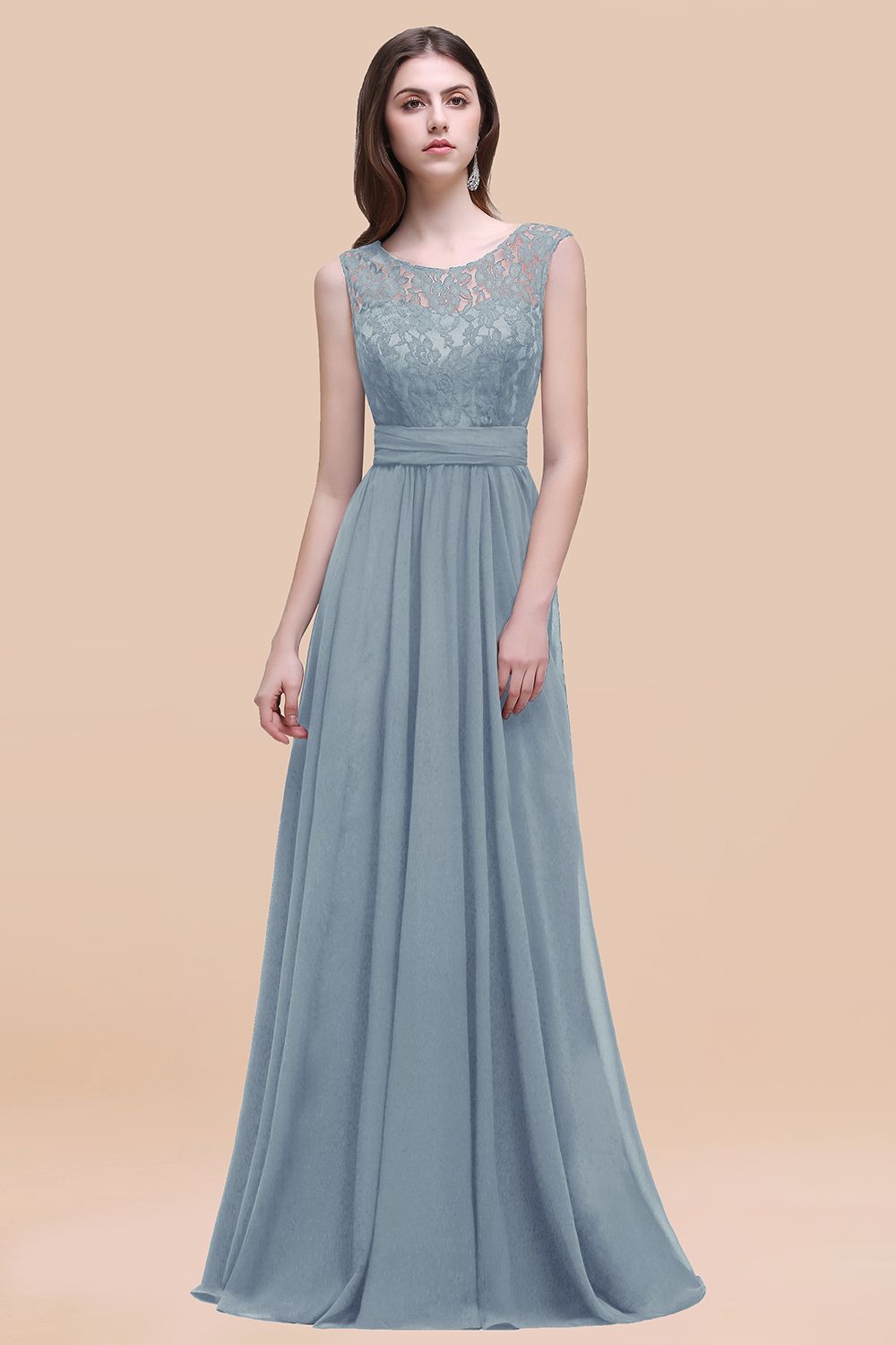 Vintage Lace Scoop Sleeveless Dark Blue Bridesmaid Dress with V-Back