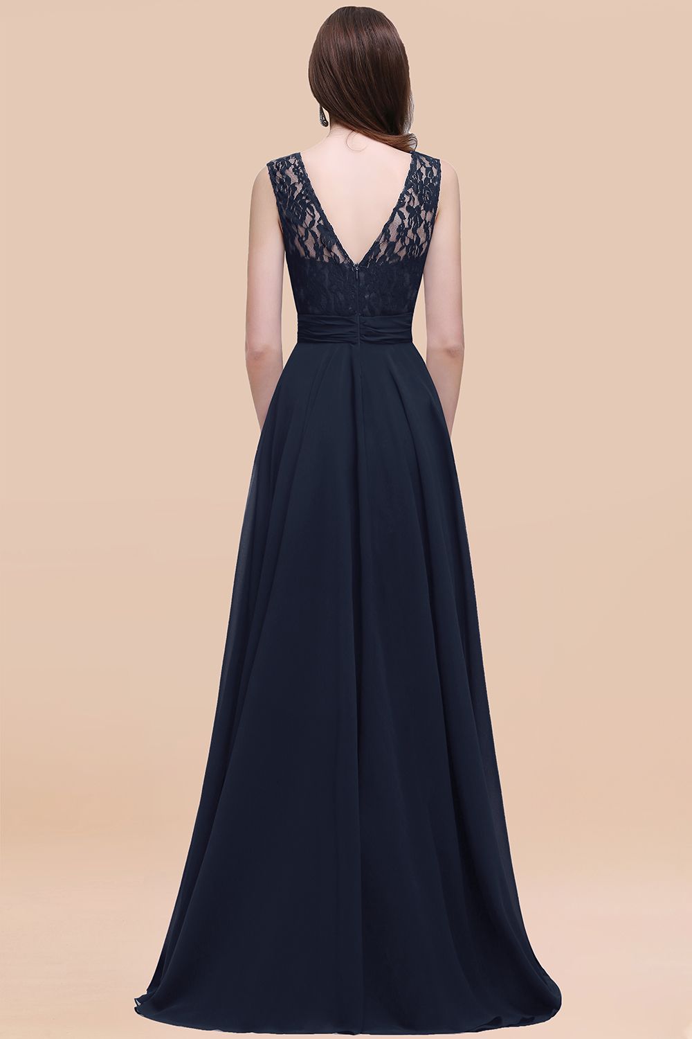 Vintage Lace Scoop Sleeveless Dark Blue Bridesmaid Dress with V-Back