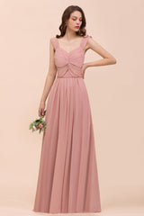 Vintage Mauve Chiffon Straps Ruffle Affordable Bridesmaid Dress