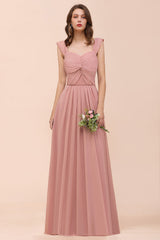 Vintage Mauve Chiffon Straps Ruffle Affordable Bridesmaid Dress