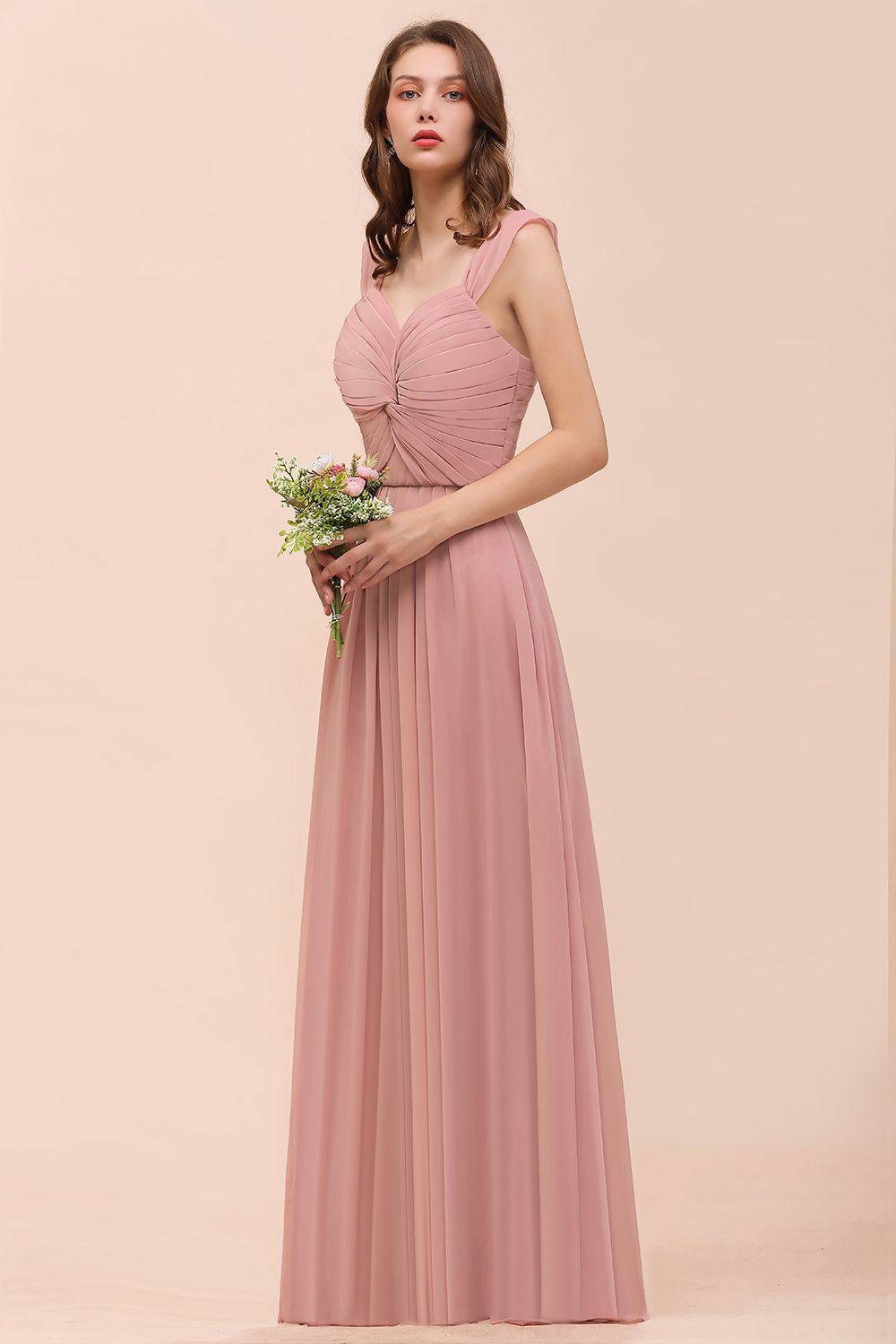 Vintage Mauve Chiffon Straps Ruffle Affordable Bridesmaid Dress