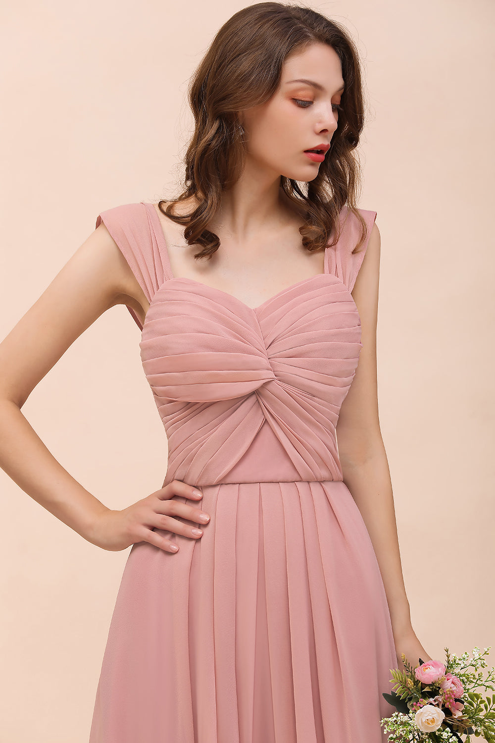 Vintage Mauve Chiffon Straps Ruffle Affordable Bridesmaid Dress