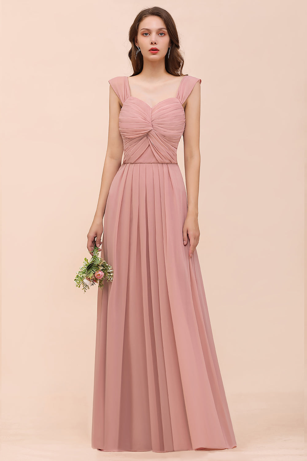 Vintage Mauve Chiffon Straps Ruffle Affordable Bridesmaid Dress