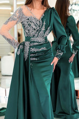 Vintage V-Neck Long Sleeve Column Mermaid Prom Dress with Ruffles