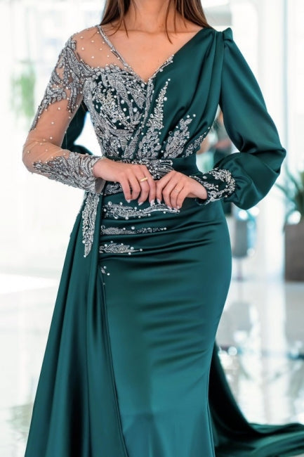 Vintage V-Neck Long Sleeve Column Mermaid Prom Dress with Ruffles