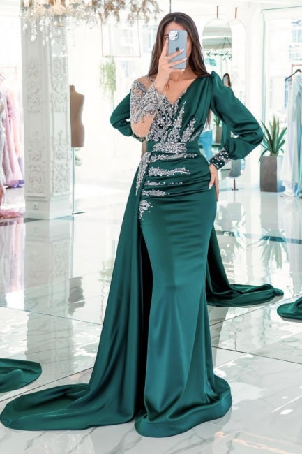 Vintage V-Neck Long Sleeve Column Mermaid Prom Dress with Ruffles