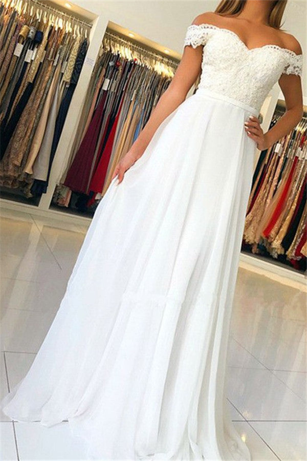 White Off-the-Shoulder Prom Dress Long Chiffon Party Gowns With Appliques