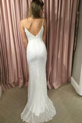 White Sequins Mermaid Prom Dress With Spaghetti-Straps