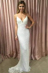 White Sequins Mermaid Prom Dress With Spaghetti-Straps