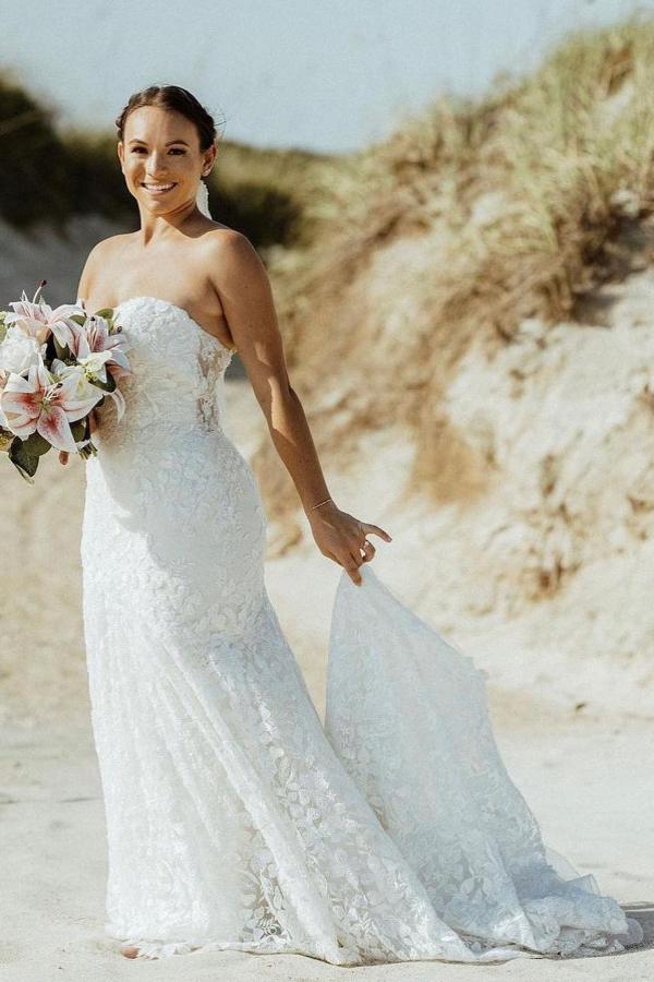 White Strapless Wedding Dresses Mermaid Lace Appliques