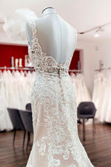 Wonderful Sleeveless Tulle Ivory Lace Backless Mermaid Wedding Dresses