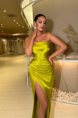 Yellow Green Strapless Prom Dress Mermaid Long With Split