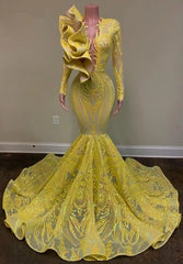 Yellow Long Sleeves Prom Dress Mermaid Sequins