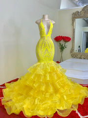 Yellow Mermaid Prom Dress Sleeveless Lace V-Neck With Ruffle