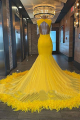 Yellow Prom Dress Mermaid Tassels With Feather