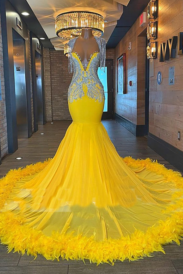 Yellow Prom Dress Mermaid Tassels With Feather