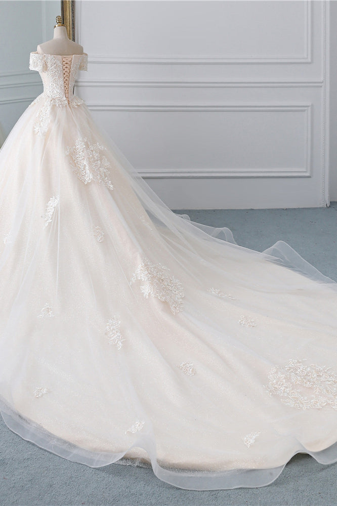 Affordable Off-the-Shoulder White Tulle Lace Wedding Dress Sweetheart Appliques Bridal Gowns On Sale